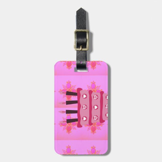 ピンクお誕生日ケーキアートプリント ラゲッジタグ (正面縦)