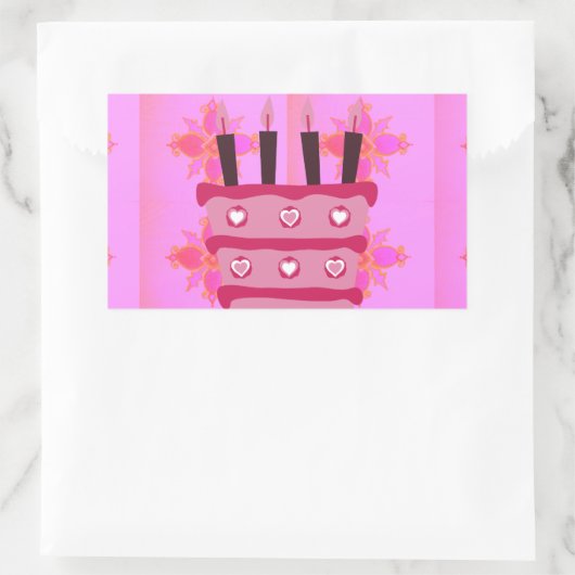 ピンクお誕生日ケーキアートプリント 長方形シール (バッグ)