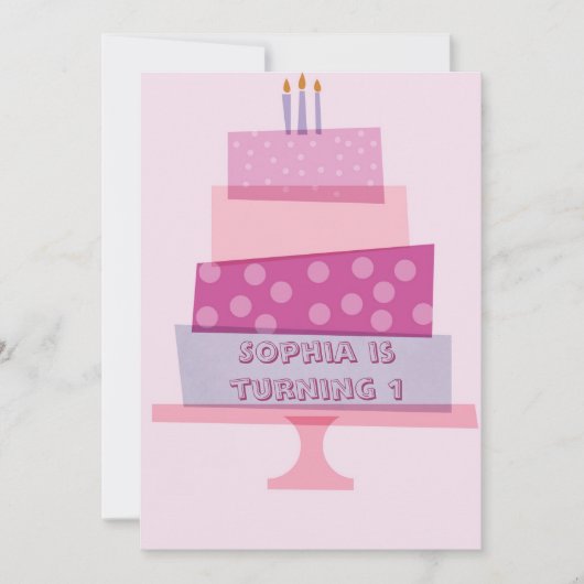 ピンクお誕生日ケーキパーティの招待状 招待状 (正面)