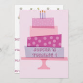 ピンクお誕生日ケーキパーティの招待状 招待状 (正面/裏面)