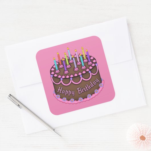 ピンクお誕生日ケーキ女子パーティーシール スクエアシール (封筒)