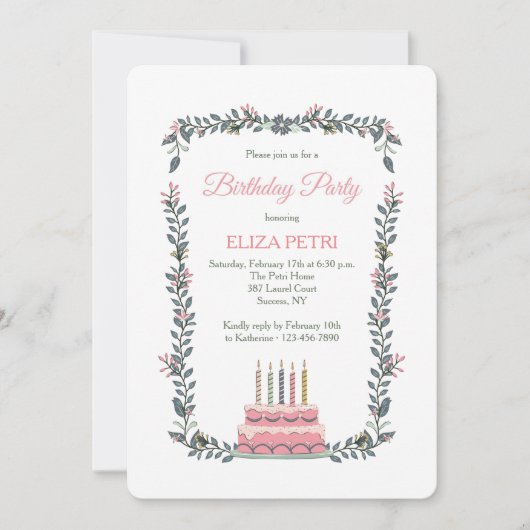 ピンクお誕生日ケーキ招待状 招待状 (正面)