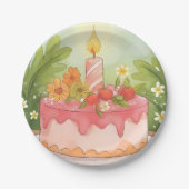 ピンクお誕生日ケーキ | ハッピーバースデー ペーパープレート (正面)