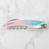 ピンクからターコイズへのグリッターのグラデーション背景 ソムリエナイフ (裏面)