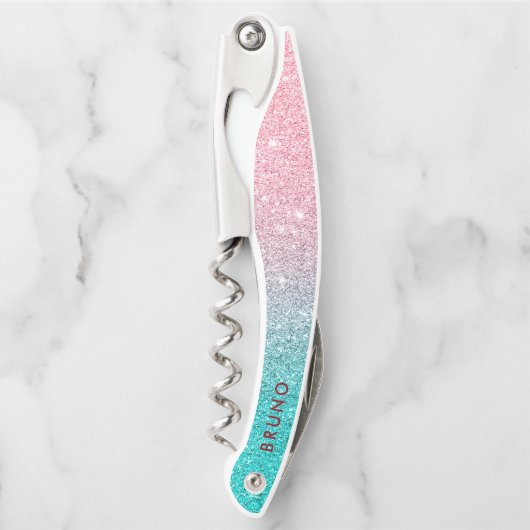 ピンクからターコイズへのグリッターのグラデーション背景 ソムリエナイフ (正面)