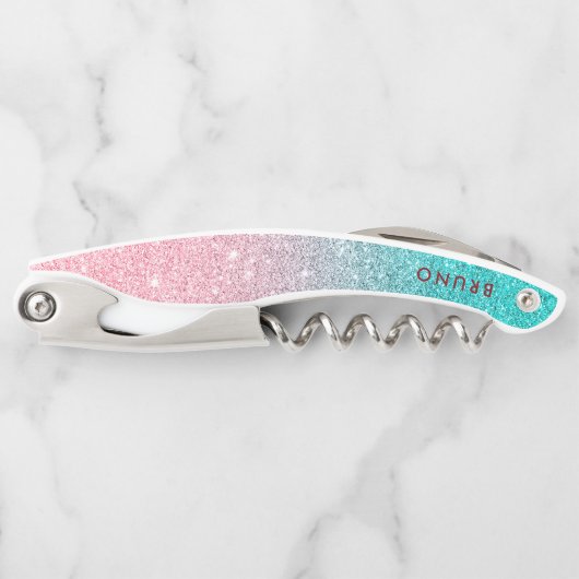 ピンクからターコイズへのグリッターのグラデーション背景 ソムリエナイフ (正面)