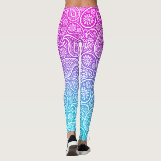 ピンクからブルーの白ヴィンテージペイズリー グラデーション レギンス (裏面)