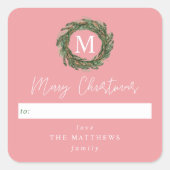 ピンクからリースモノグラムメリークリスマス スクエアシール (正面)