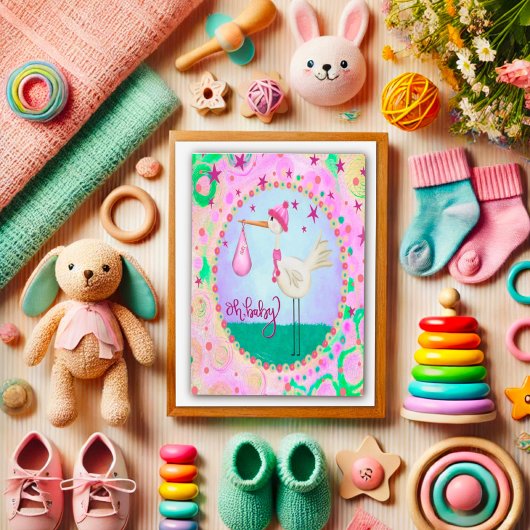 ピンクかわいいお洒落コウノトリOhベビーガール カード