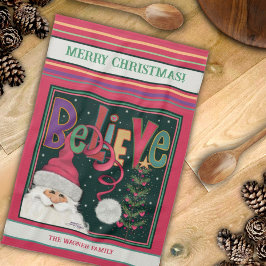 ピンクかわいいお洒落サンタクパーソナライズされたリスマス キッチンタオル