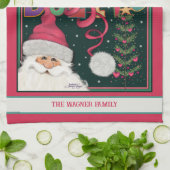 ピンクかわいいお洒落サンタクパーソナライズされたリスマス キッチンタオル (折り畳み)