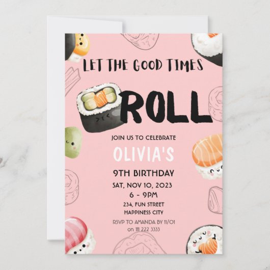 ピンクかわいいすし刺身キッズガールアダルト誕生日 招待状 (正面)