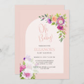ピンクかわいいよくはしゃぐフローラアーチ赤ちゃんシャワー 招待状 (正面/裏面)