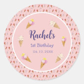 ピンクかわいいアイスクリームコーンキッズガール1st誕生日 ラウンドシール (正面)
