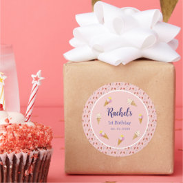 ピンクかわいいアイスクリームコーンキッズガール1st誕生日 ラウンドシール