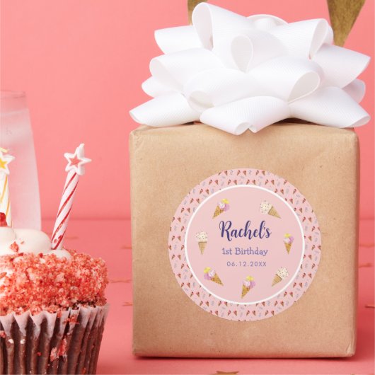 ピンクかわいいアイスクリームコーンキッズガール1st誕生日 ラウンドシール (パーティー)