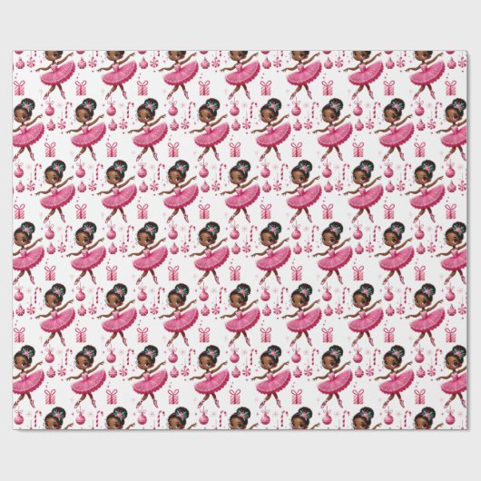 ピンクかわいいアフリカ系アメリカ人バレリーナ・クリスマス ラッピングペーパー (フラット)