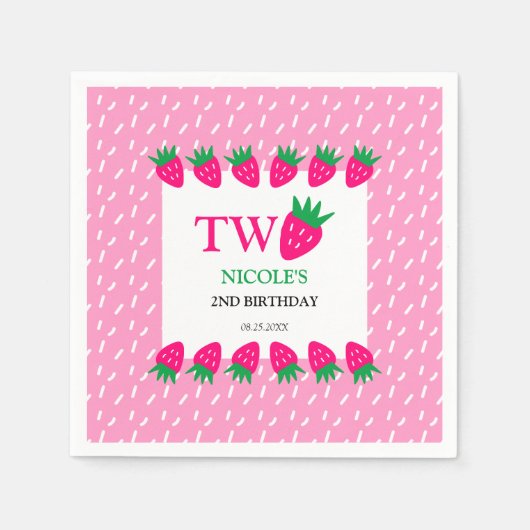 ピンクかわいいイチゴのベリー甘い2nd誕生日 スタンダードカクテルナプキン (正面)