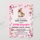 ピンクかわいいウサギのバニー花ベビーシャワー女の子 招待状 (正面/裏面)