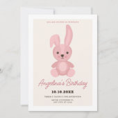 ピンクかわいいウサギの人形の誕生日 招待状 (正面)