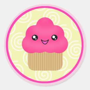 ピンクかわいいカップケーキステッカー ラウンドシール