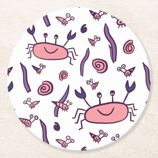 ピンクかわいいカニの海の動物のパターンの子供 ラウンドペーパーコースター (正面)
