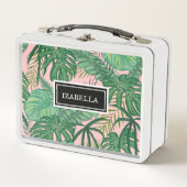 ピンクかわいいカラフルトロピカルパームツリーキッズ名 メタルランチボックス (正面)