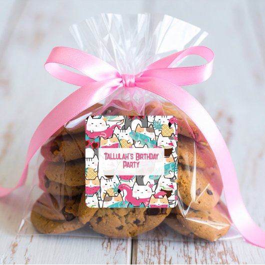 ピンクかわいいキャッツプールパーティー誕生日 スクエアシール