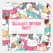 ピンクかわいいキャッツプールパーティー誕生日 スクエアシール (正面)