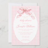 ピンクかわいいギンガムコケット弓ベビーガールシャワー 招待状 (正面)