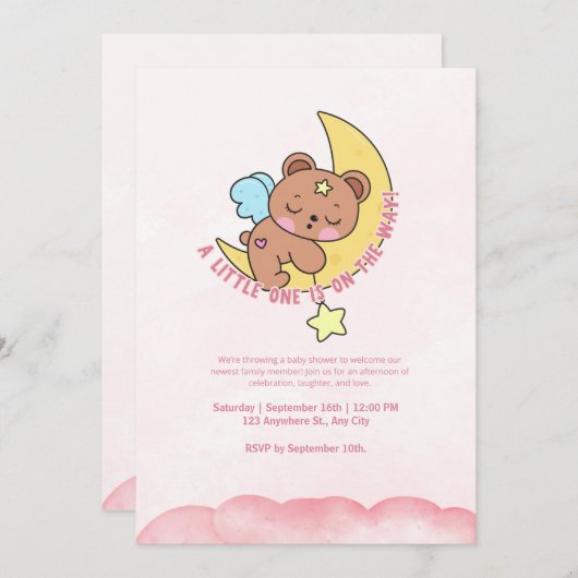 ピンクかわいいクマの水の色ベビーシャワーパーティー 招待状 (正面/裏面)