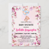 ピンクかわいいクマの花赤ちゃんシャワー子供 招待状 (正面)