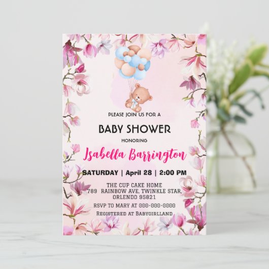ピンクかわいいクマの花赤ちゃんシャワー子供 招待状 (スタンド正面)