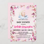 ピンクかわいいクマ甘い夢の花の赤ちゃんシャワー子供 招待状 (正面/裏面)