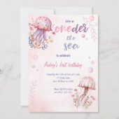 ピンクかわいいクラゲのワンダーザ・シー1歳の誕生日 招待状 (正面)