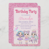 ピンクかわいいグリッター人形ガールズバースデーパーティー 招待状 (正面/裏面)