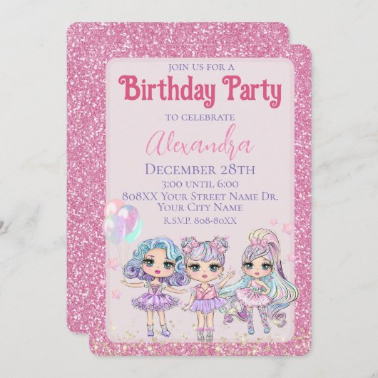 ピンクかわいいグリッター人形ガールズバースデーパーティー 招待状 (正面/裏面)