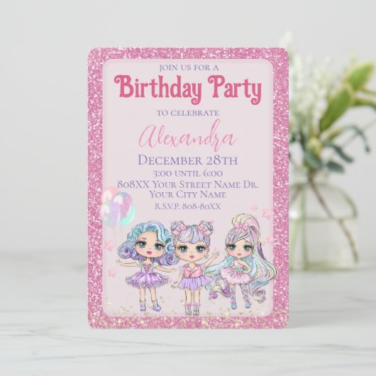 ピンクかわいいグリッター人形ガールズバースデーパーティー 招待状 (スタンド正面)