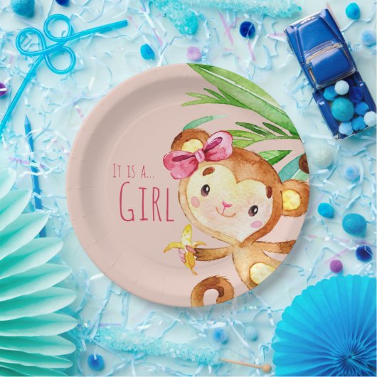 ピンクかわいいサルの赤ちゃん女の子発表 ペーパープレート (パーティー)