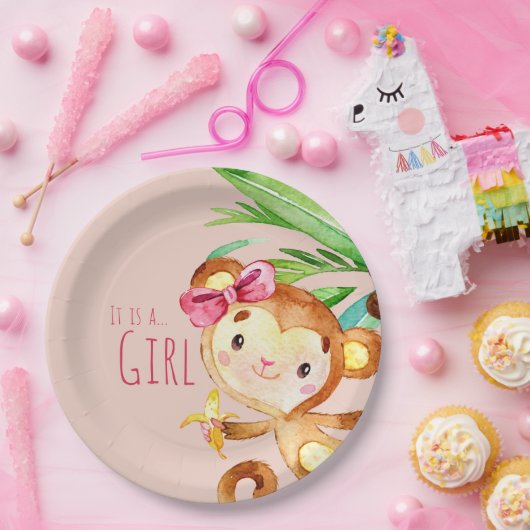 ピンクかわいいサルの赤ちゃん女の子発表 ペーパープレート (パーティー)