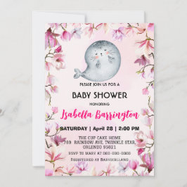 ピンクかわいいシールライオン花フローラ赤ちゃんシャワーキッド 招待状