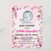 ピンクかわいいシールライオン花フローラ赤ちゃんシャワーキッド 招待状 (正面/裏面)