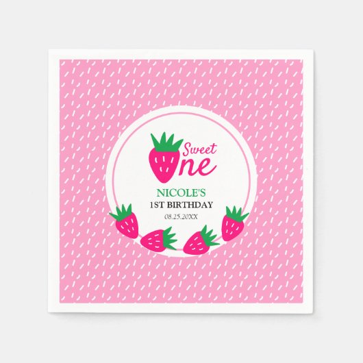 ピンクかわいいストロベリーガール1st誕生日 スタンダードカクテルナプキン (正面)