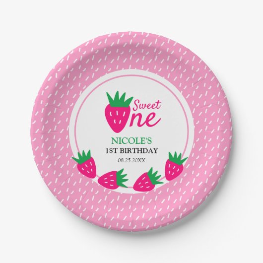 ピンクかわいいストロベリーガール1st誕生日 ペーパープレート (正面)