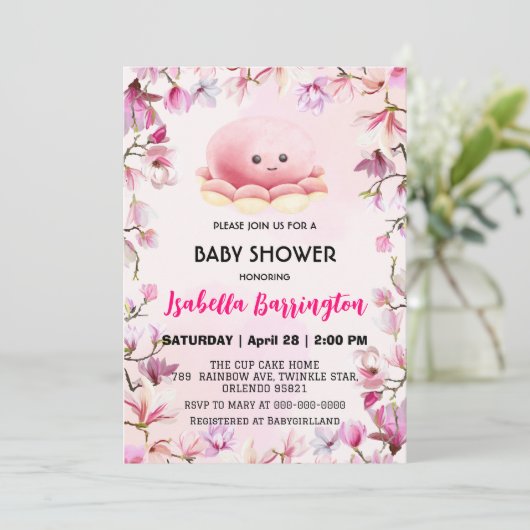 ピンクかわいいタコのイカの花の赤ちゃんシャワーキッズ 招待状 (スタンド正面)