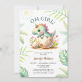 ピンクかわいいディノガール恐竜の赤ちゃんシャワー 招待状 (正面)