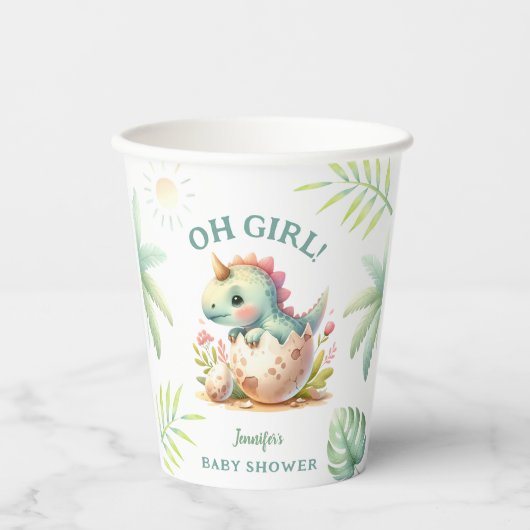 ピンクかわいいディノガール恐竜ベビーシャワー紙カップ 紙コップ (正面)