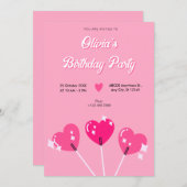 ピンクかわいいハートキャンディ誕生日 招待状 (正面/裏面)