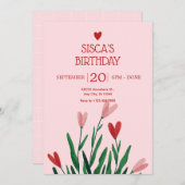 ピンクかわいいハート誕生日 招待状 (正面/裏面)