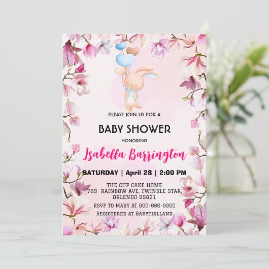 ピンクかわいいバニーバルーンフラワーベイビーシャワーキッズ 招待状 (スタンド正面)